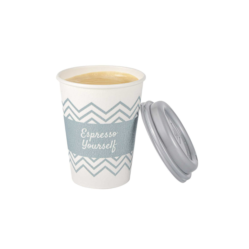 Restpresso 12 oz Blue Paper Insulated Hot Cup - Espresso Yourself, with Gray Lid - 400 count box