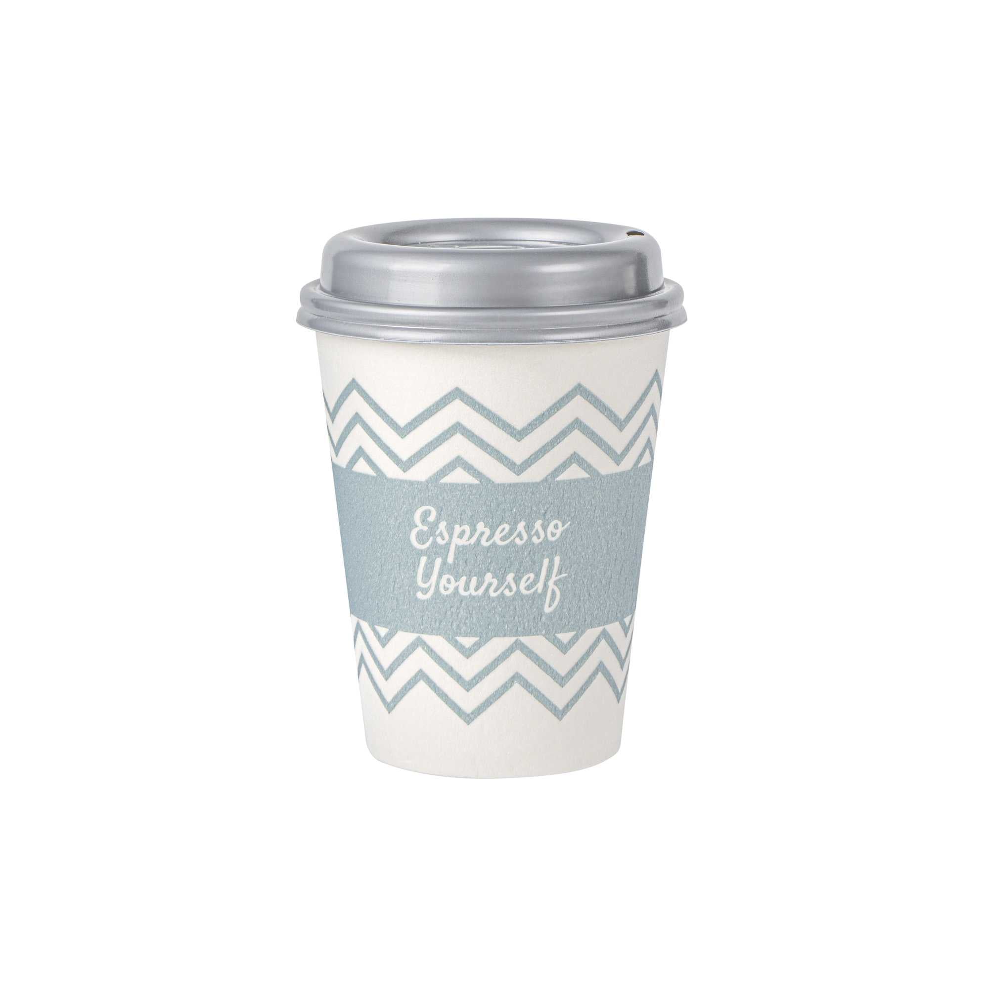 Restpresso 12 oz Blue Paper Insulated Hot Cup - Espresso Yourself, with Gray Lid - 400 count box