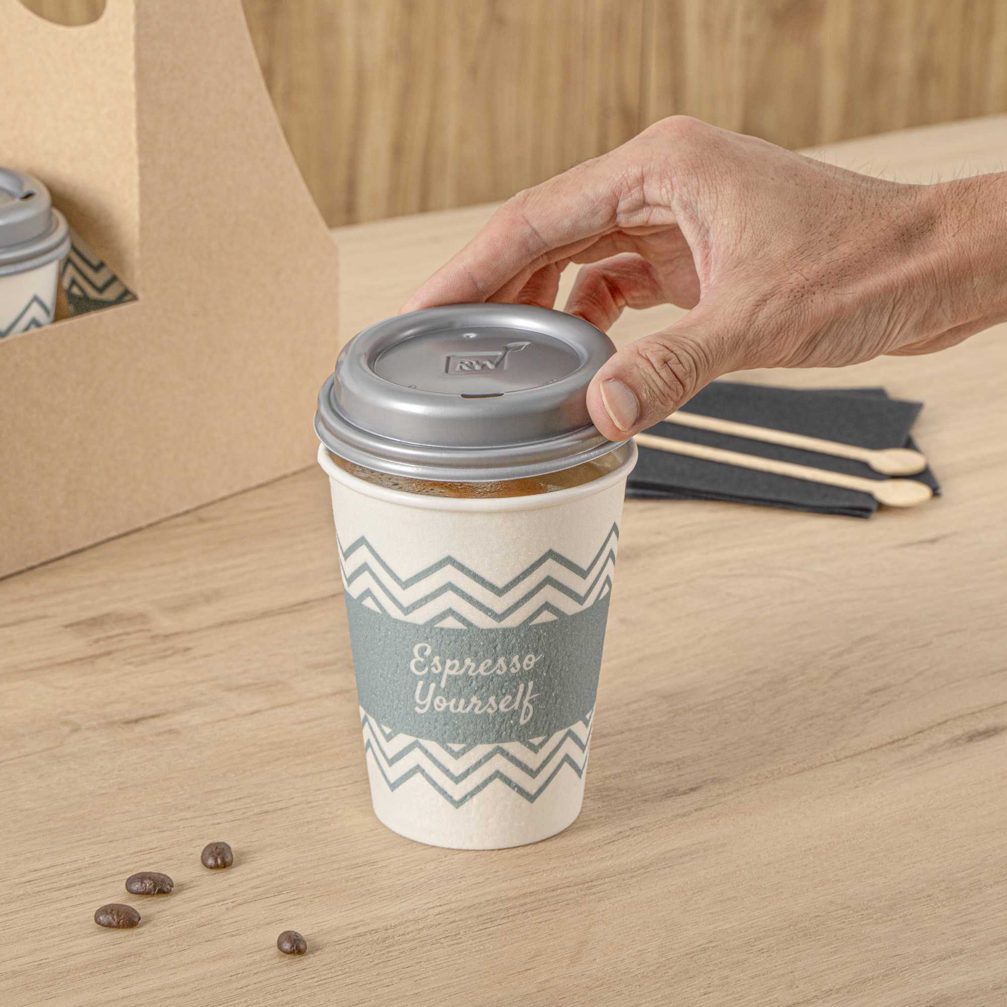 Restpresso 12 oz Blue Paper Insulated Hot Cup - Espresso Yourself, with Gray Lid - 400 count box