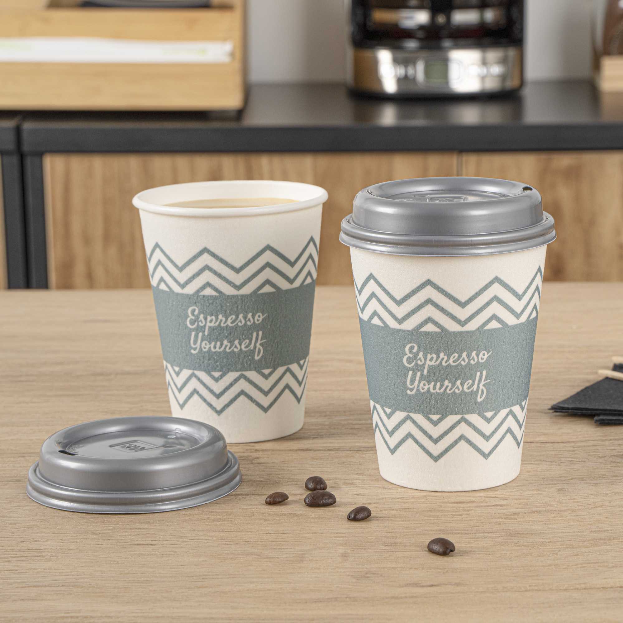 Restpresso 12 oz Blue Paper Insulated Hot Cup - Espresso Yourself, with Gray Lid - 400 count box