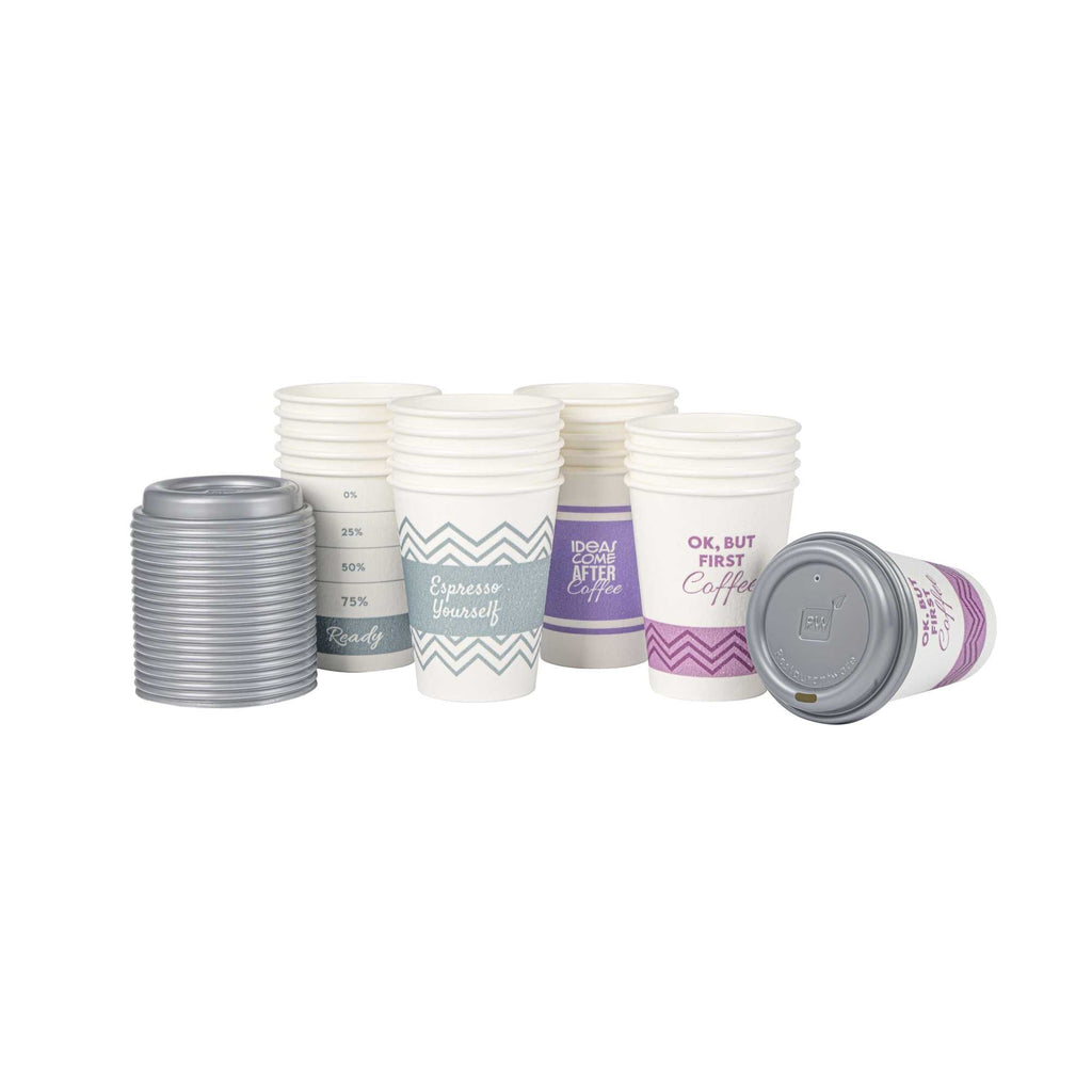 Restpresso 12 oz Assorted Paper Insulated Hot Cup Set - Coffee Quotes, with Gray Lid - 100 count box