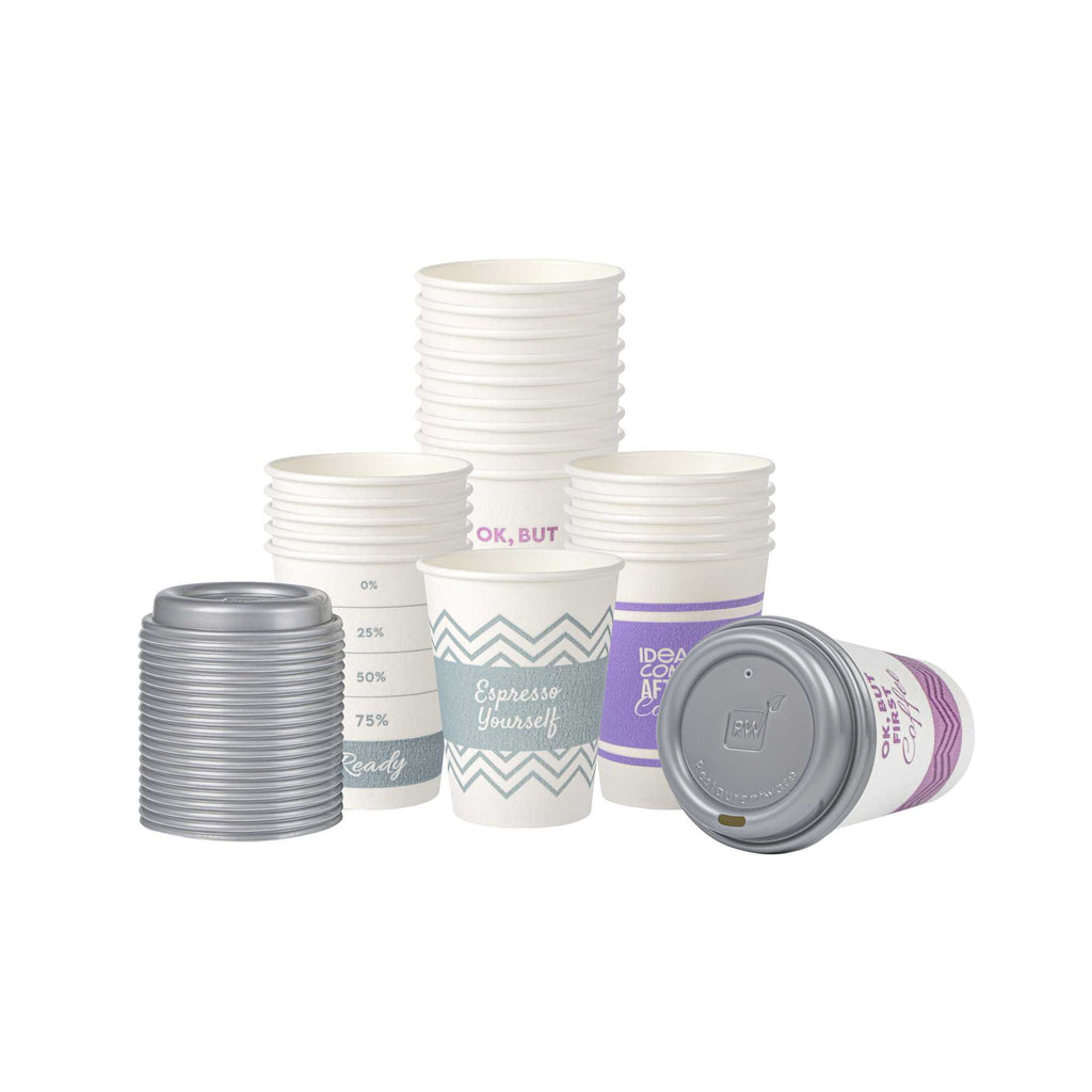 Restpresso 12 oz Assorted Paper Insulated Hot Cup Set - Coffee Quotes, with Gray Lid - 100 count box