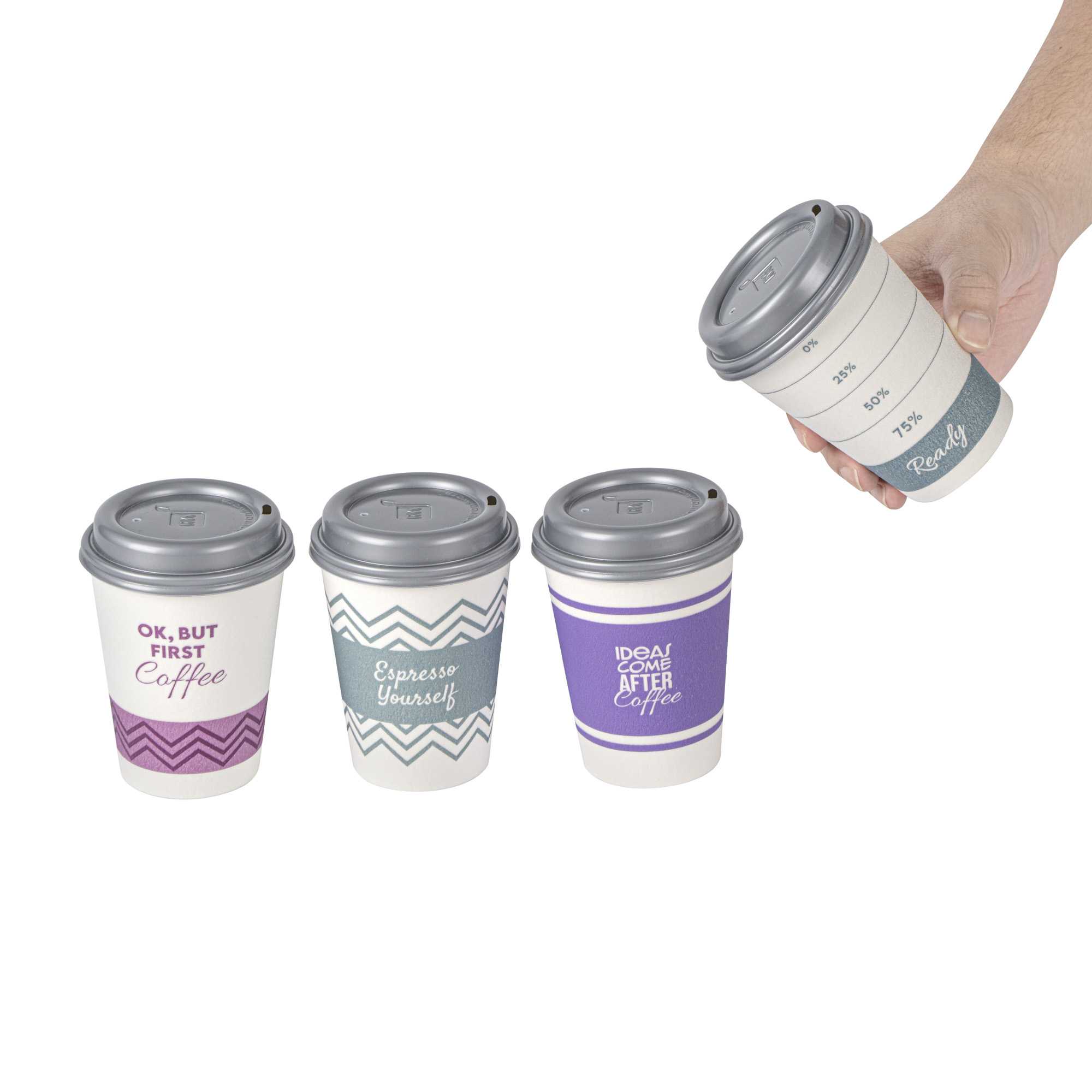 Restpresso 12 oz Assorted Paper Insulated Hot Cup Set - Coffee Quotes, with Gray Lid - 100 count box