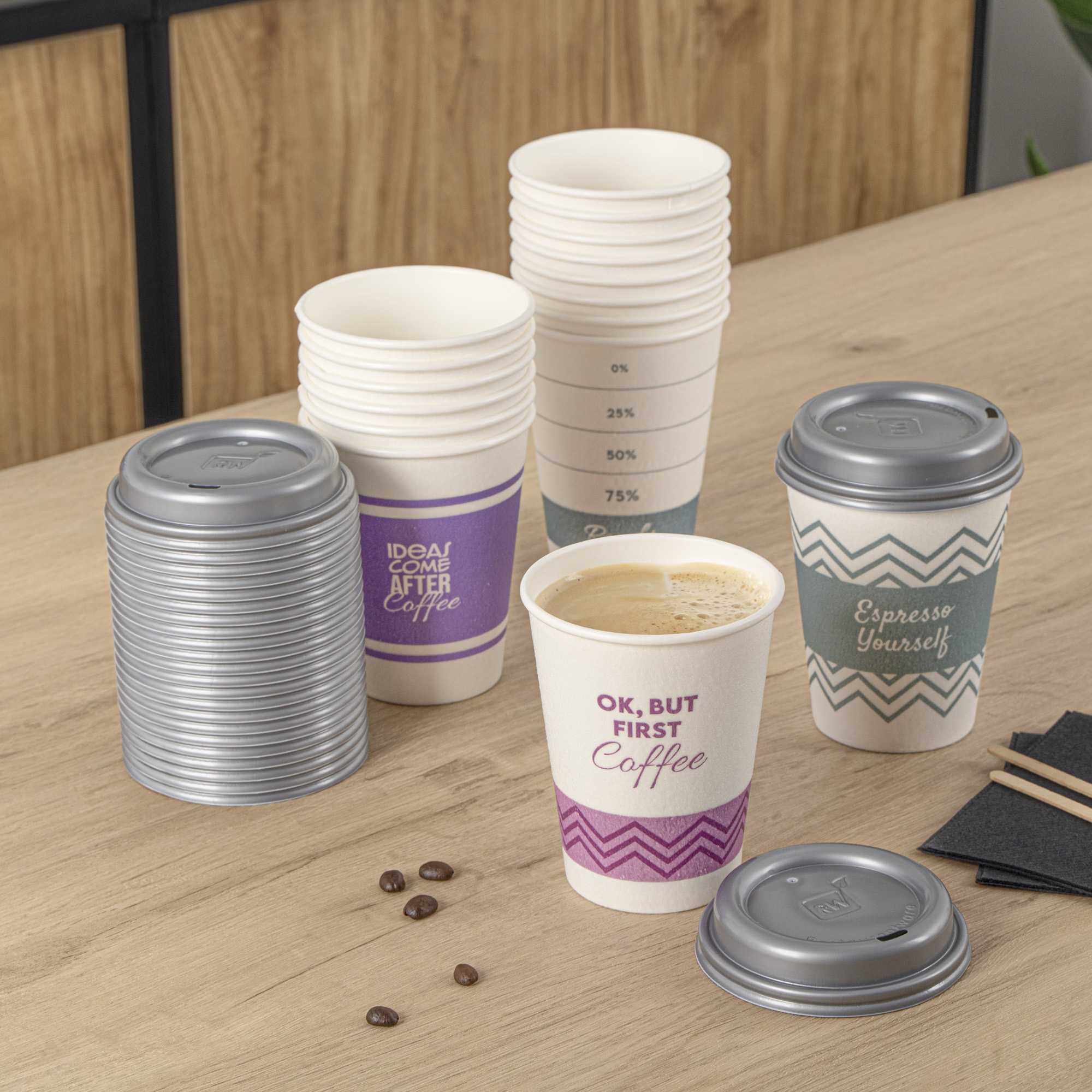 Restpresso 12 oz Assorted Paper Insulated Hot Cup Set - Coffee Quotes, with Gray Lid - 100 count box