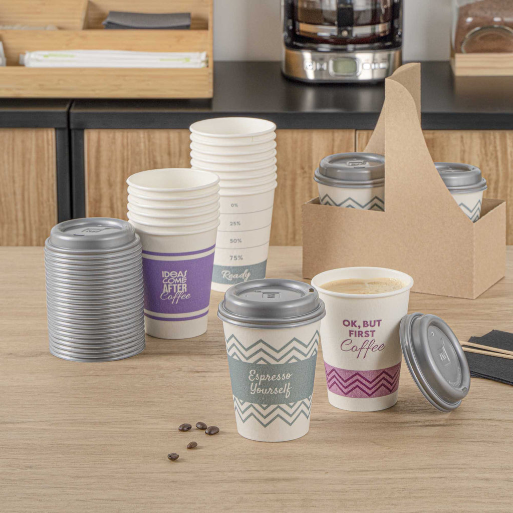 Restpresso 12 oz Assorted Paper Insulated Hot Cup Set - Coffee Quotes, with Gray Lid - 400 count box