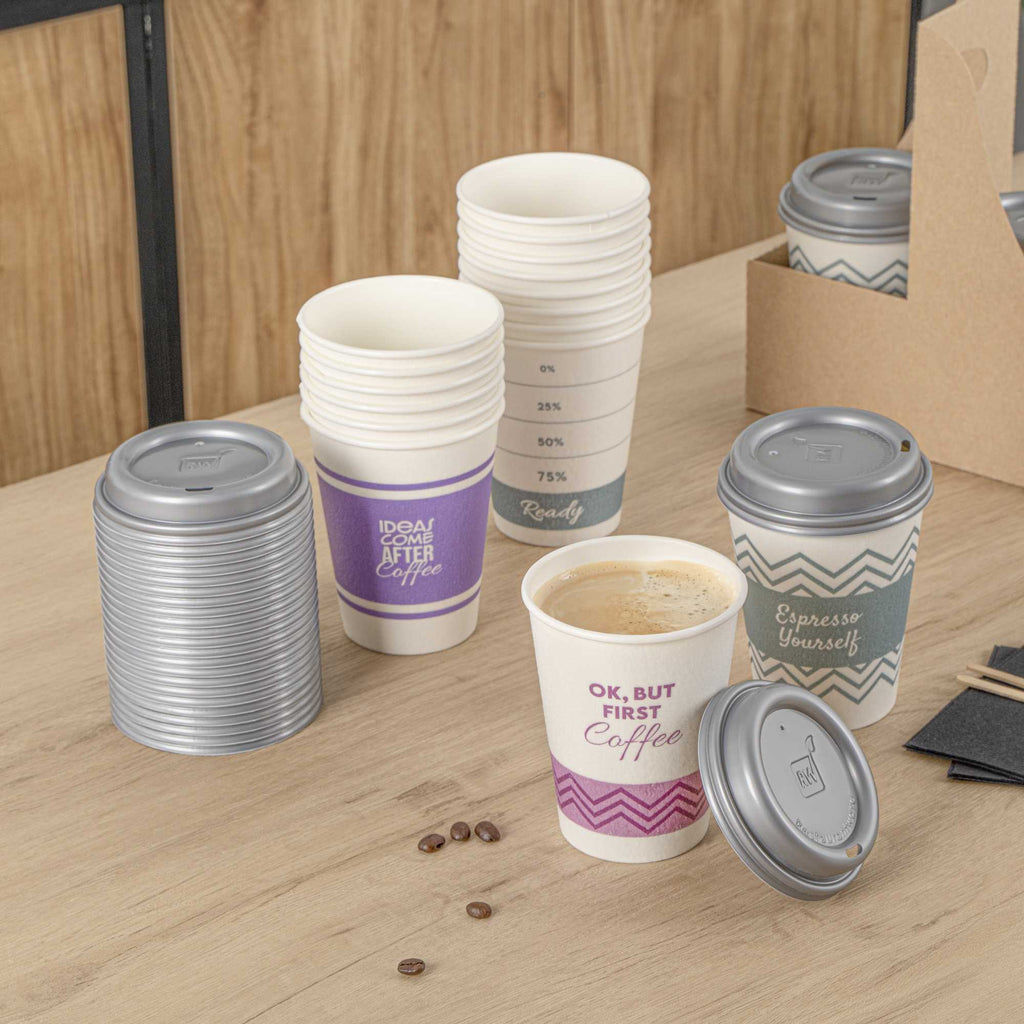 Restpresso 12 oz Assorted Paper Insulated Hot Cup Set - Coffee Quotes, with Gray Lid - 400 count box