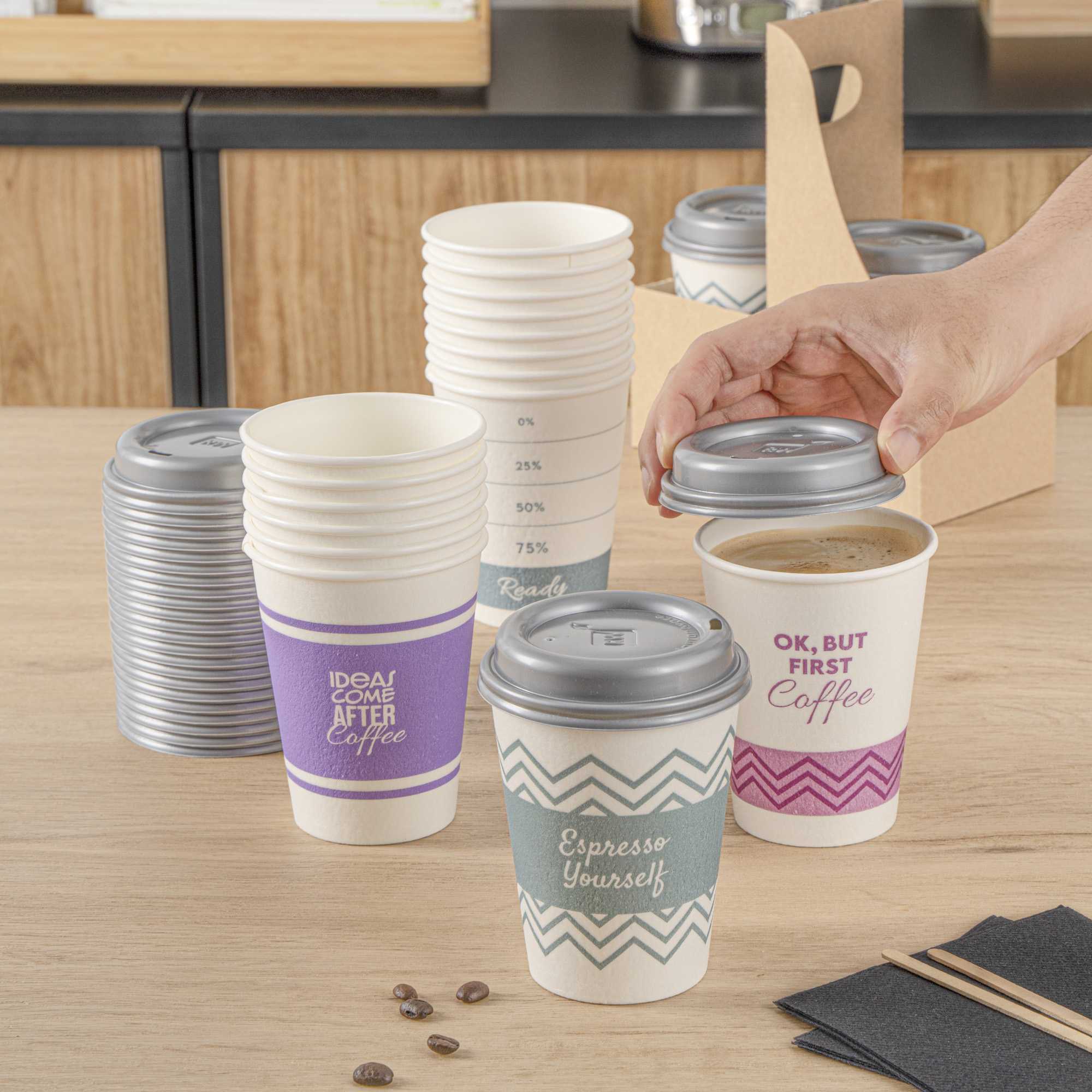 Restpresso 12 oz Assorted Paper Insulated Hot Cup Set - Coffee Quotes, with Gray Lid - 400 count box