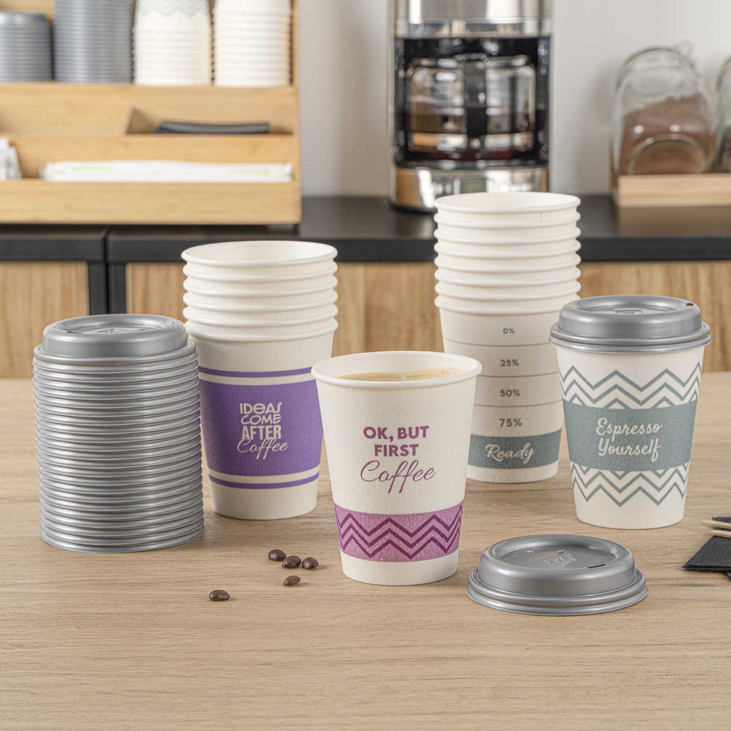 Restpresso 12 oz Assorted Paper Insulated Hot Cup Set - Coffee Quotes, with Gray Lid - 400 count box