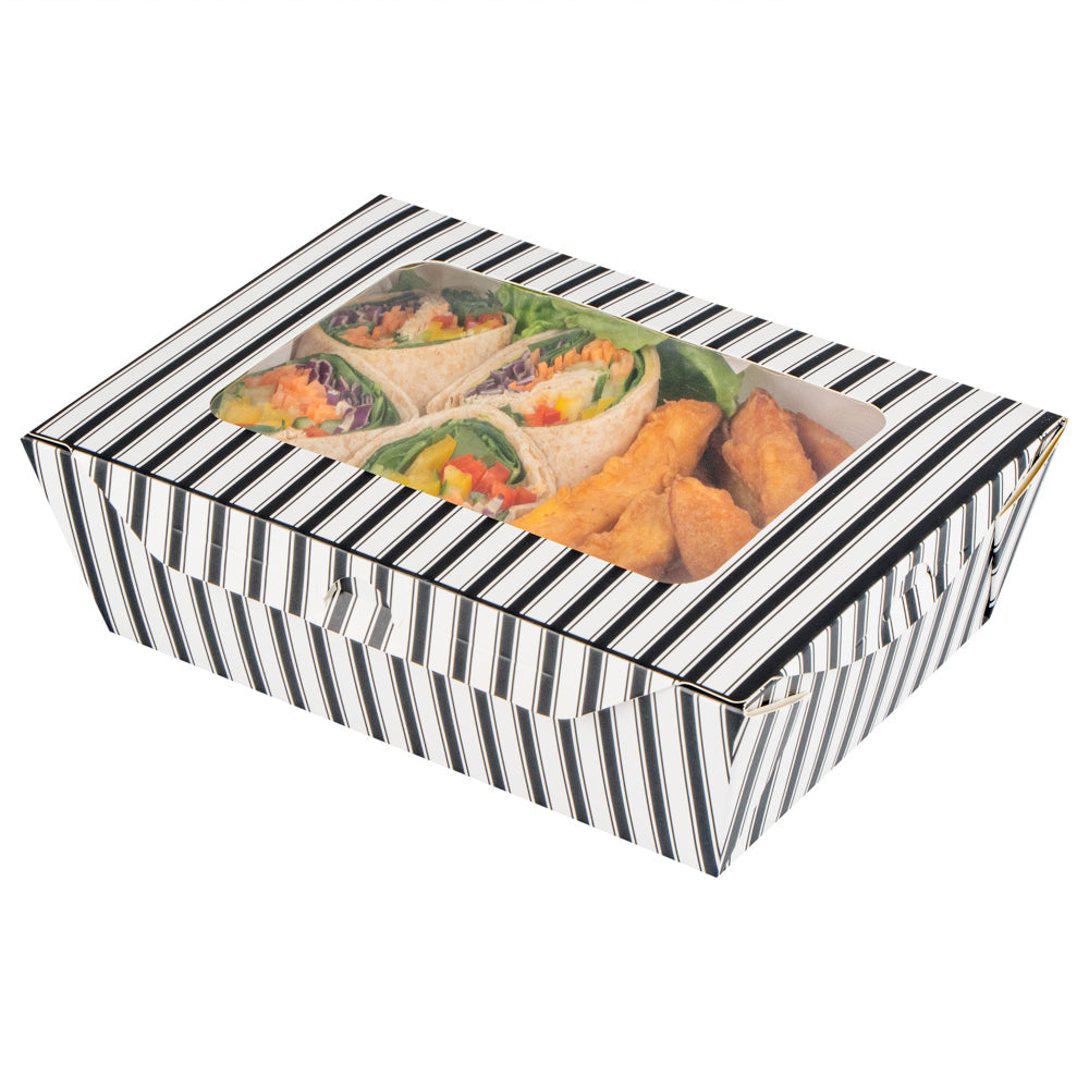 Chef 101 57 oz Rectangle Black and White Paper Extra Large Bio Take Out Container- Windows,PLA Lining - 8" x 5 1/2" x 2 1/2" - 200 count box
