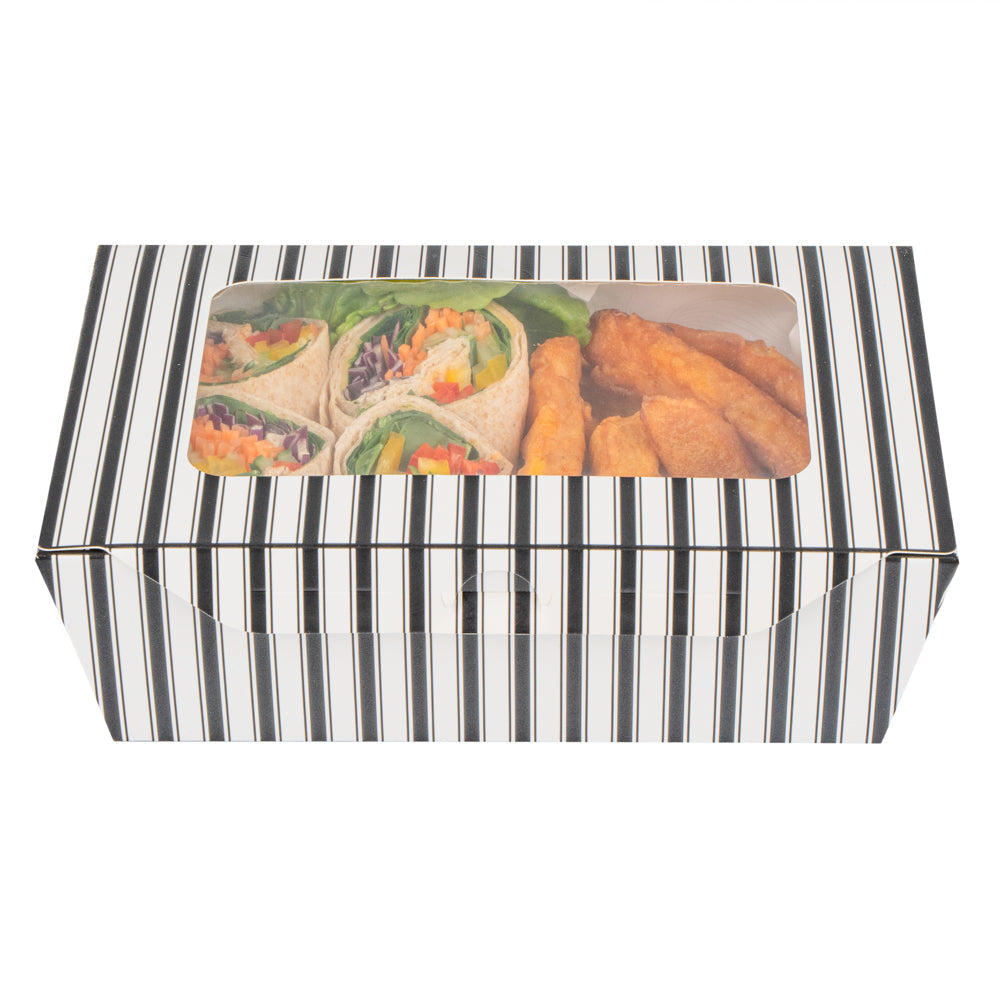 Chef 101 57 oz Rectangle Black and White Paper Extra Large Bio Take Out Container- Windows,PLA Lining - 8" x 5 1/2" x 2 1/2" - 200 count box