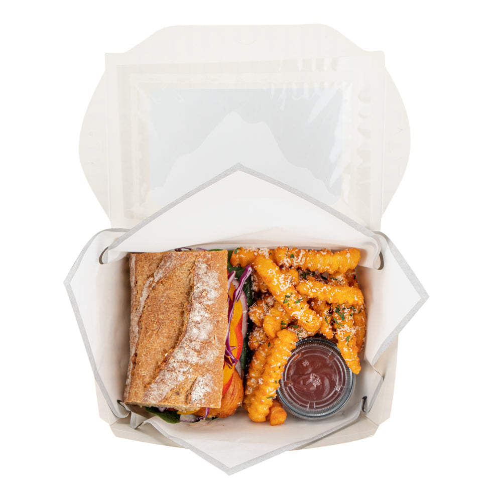 Chef 101 57 oz Rectangle Black and White Paper Extra Large Bio Take Out Container- Windows,PLA Lining - 8" x 5 1/2" x 2 1/2" - 200 count box