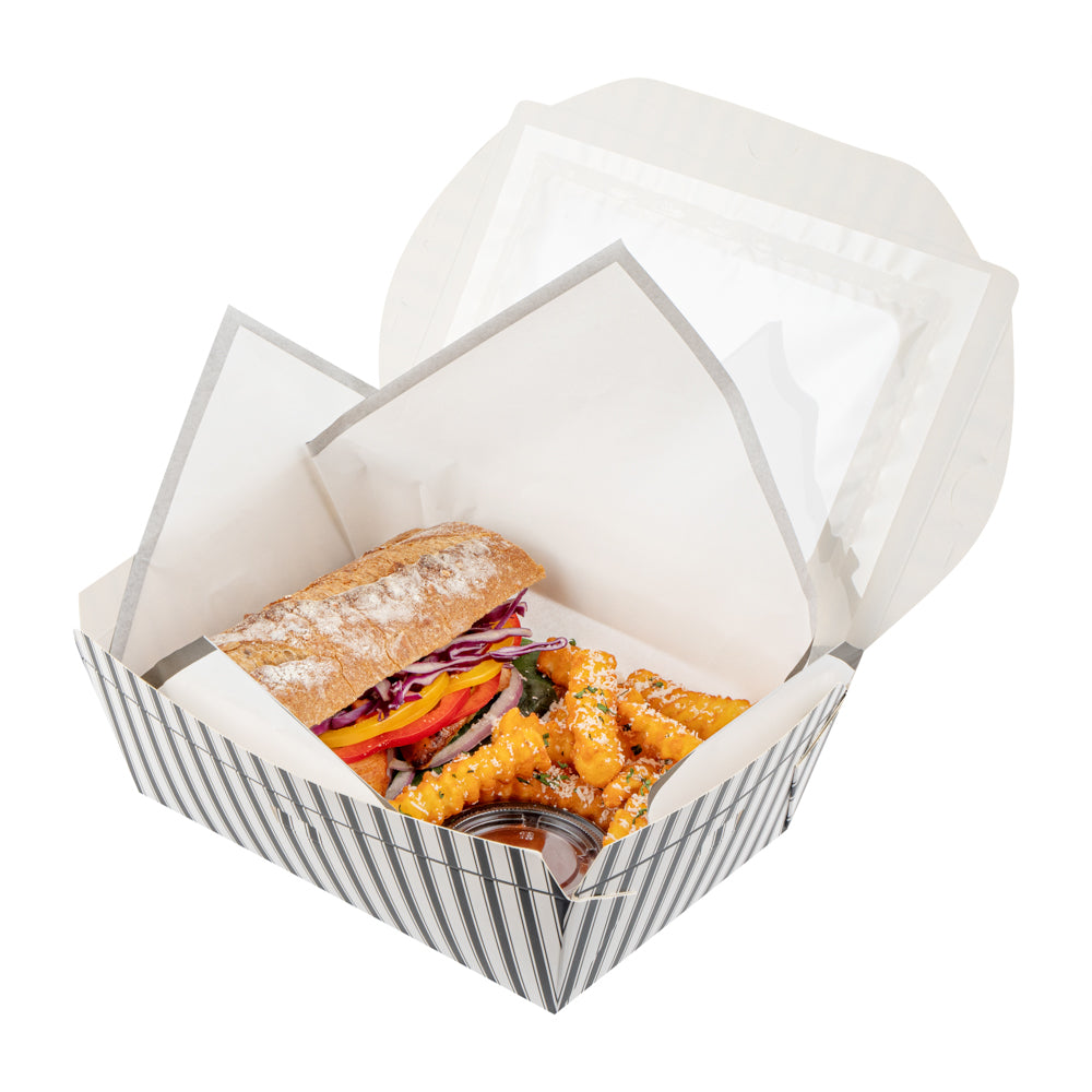 Chef 101 57 oz Rectangle Black and White Paper Extra Large Bio Take Out Container- Windows,PLA Lining - 8" x 5 1/2" x 2 1/2" - 200 count box