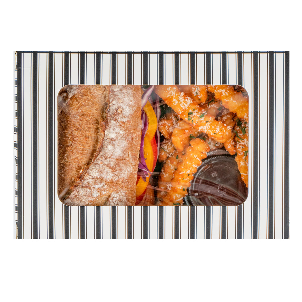 Chef 101 57 oz Rectangle Black and White Paper Extra Large Bio Take Out Container- Windows,PLA Lining - 8" x 5 1/2" x 2 1/2" - 200 count box