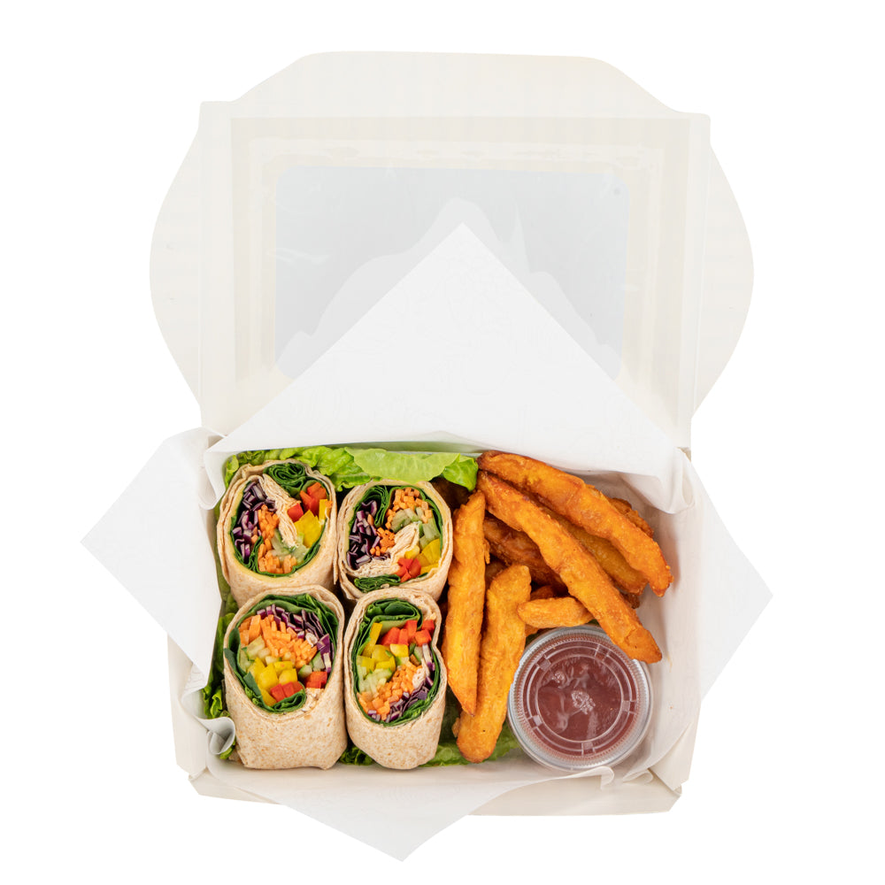 Chef 101 57 oz Rectangle Black and White Paper Extra Large Bio Take Out Container- Windows,PLA Lining - 8" x 5 1/2" x 2 1/2" - 200 count box
