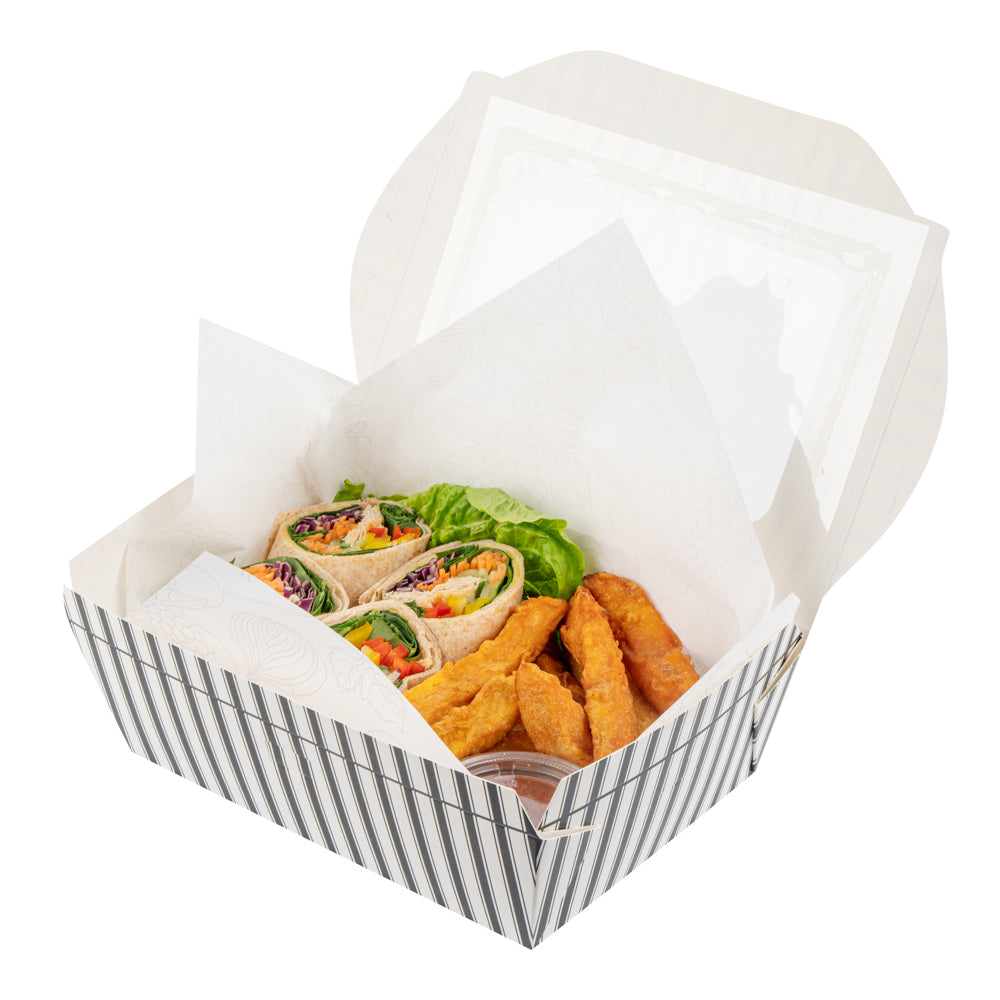 Chef 101 57 oz Rectangle Black and White Paper Extra Large Bio Take Out Container- Windows,PLA Lining - 8" x 5 1/2" x 2 1/2" - 200 count box