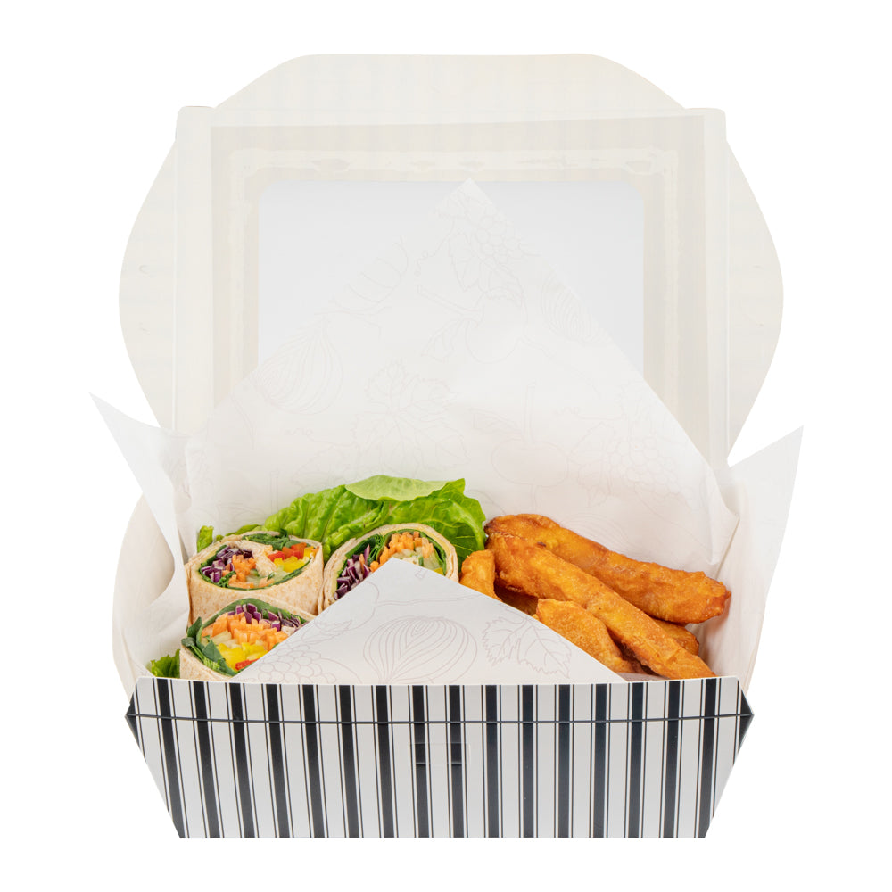 Chef 101 57 oz Rectangle Black and White Paper Extra Large Bio Take Out Container- Windows,PLA Lining - 8" x 5 1/2" x 2 1/2" - 200 count box