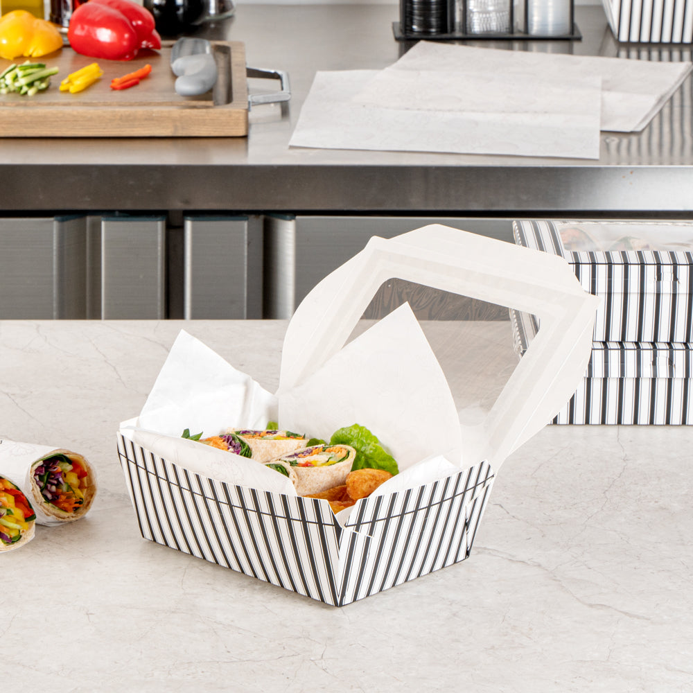 Chef 101 57 oz Rectangle Black and White Paper Extra Large Bio Take Out Container- Windows,PLA Lining - 8" x 5 1/2" x 2 1/2" - 200 count box