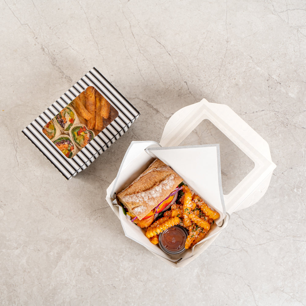 Chef 101 57 oz Rectangle Black and White Paper Extra Large Bio Take Out Container- Windows,PLA Lining - 8" x 5 1/2" x 2 1/2" - 200 count box