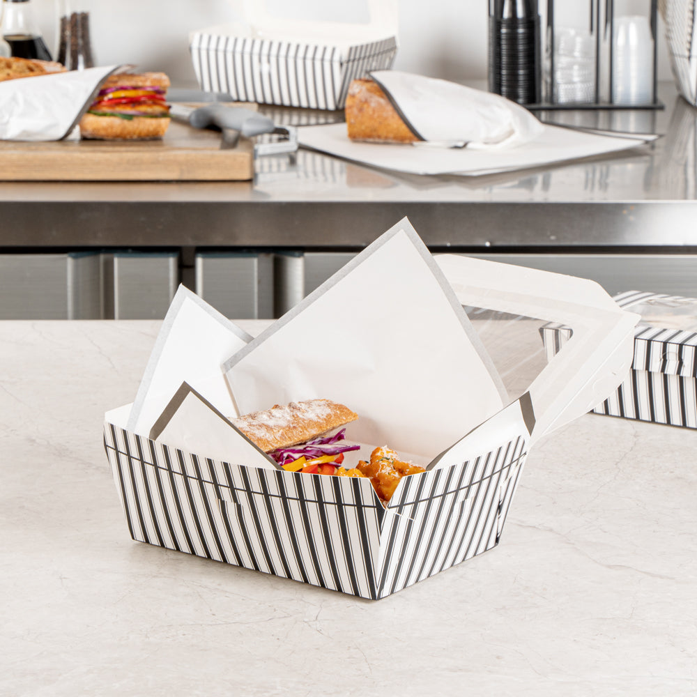 Chef 101 57 oz Rectangle Black and White Paper Extra Large Bio Take Out Container- Windows,PLA Lining - 8" x 5 1/2" x 2 1/2" - 200 count box