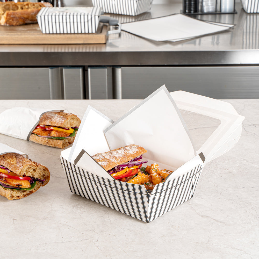 Chef 101 57 oz Rectangle Black and White Paper Extra Large Bio Take Out Container- Windows,PLA Lining - 8" x 5 1/2" x 2 1/2" - 200 count box