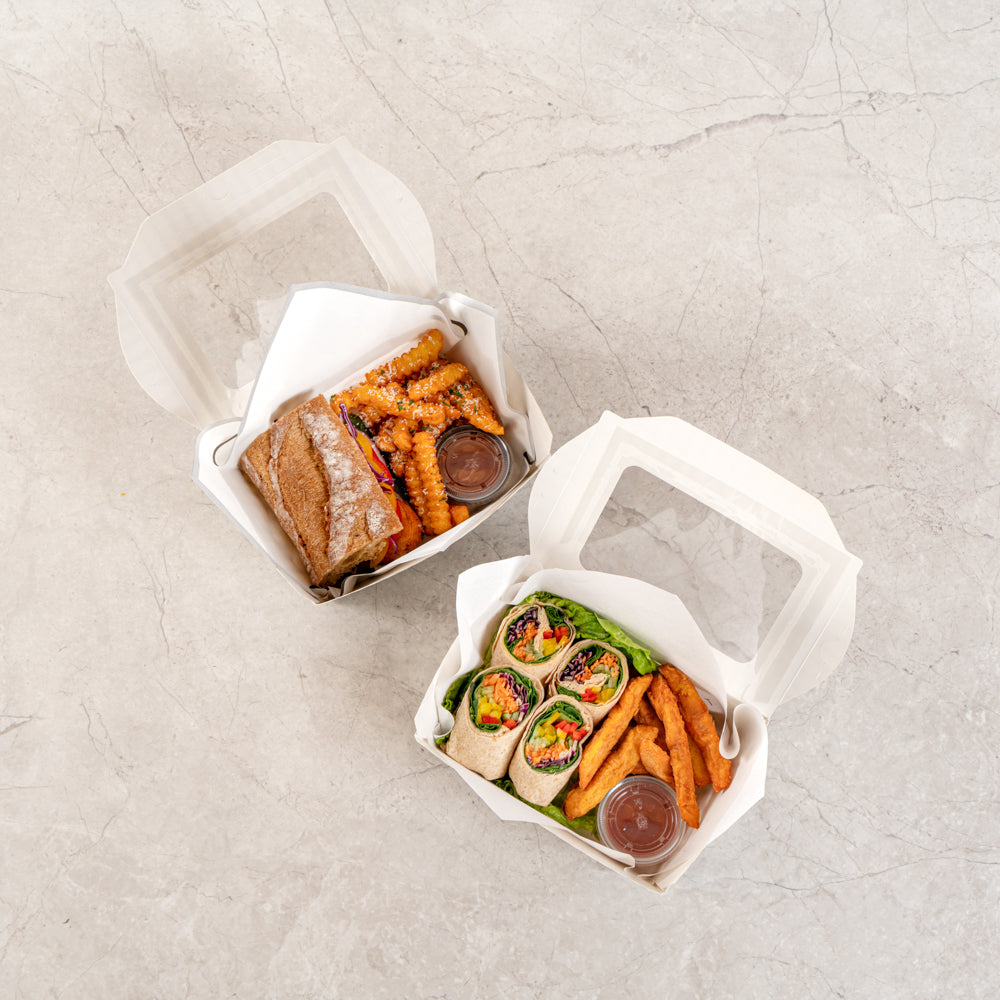 Chef 101 57 oz Rectangle Black and White Paper Extra Large Bio Take Out Container- Windows,PLA Lining - 8" x 5 1/2" x 2 1/2" - 200 count box