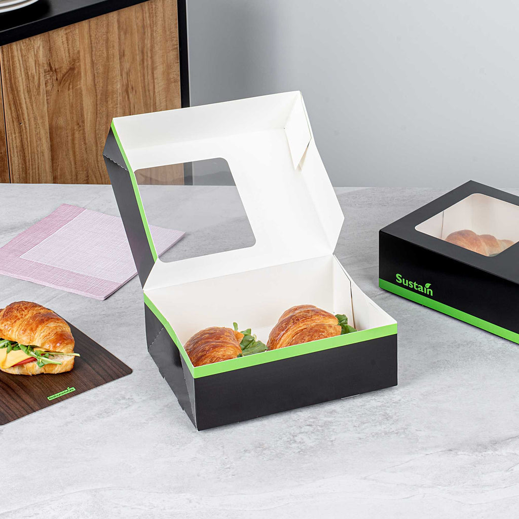 Sustain Rectangle Black Paper Auto-Popup Bakery Box - with PLA Lining and Window - 9" x 7" x 3" - 25 count box