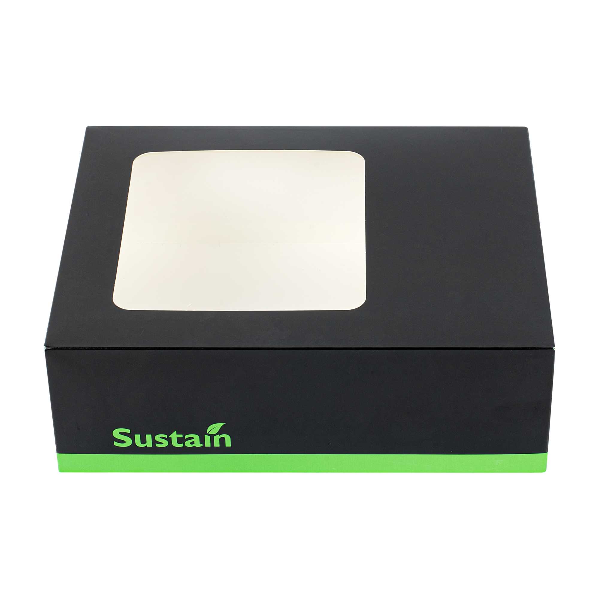 Sustain Rectangle Black Paper Auto-Popup Bakery Box - with PLA Lining and Window - 9" x 7" x 3" - 25 count box