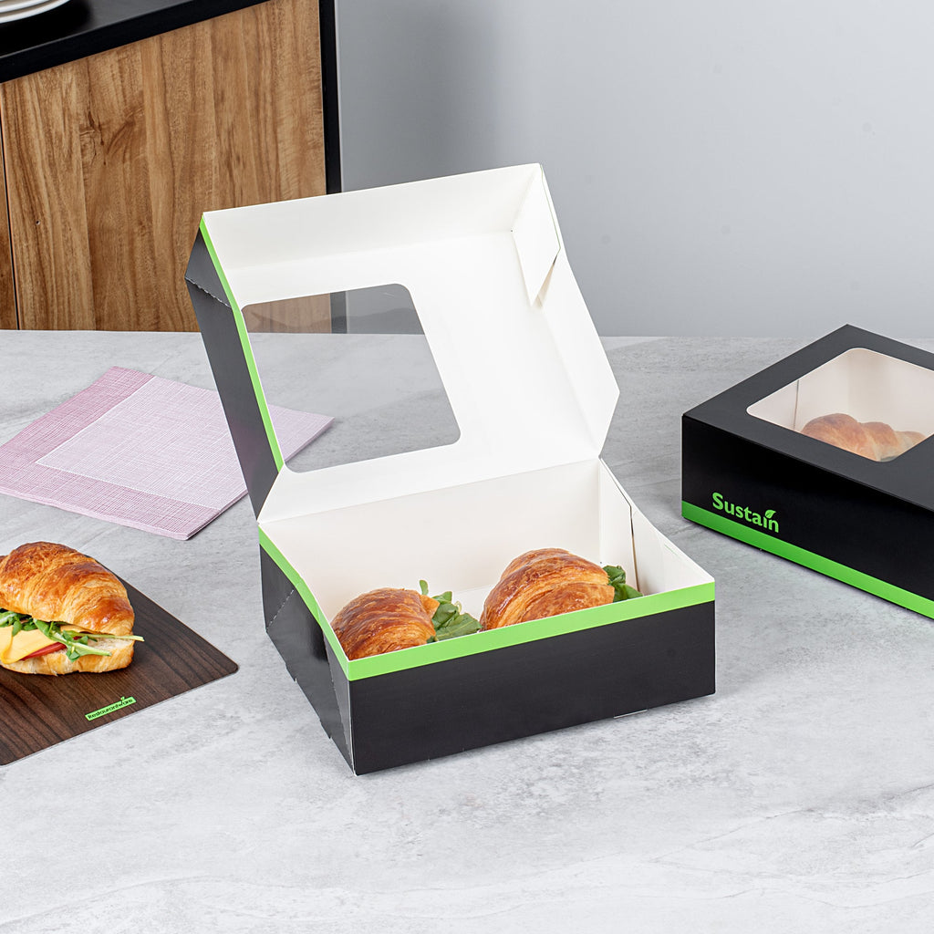 Sustain Rectangle Black Paper Auto-Popup Bakery Box - with PLA Lining and Window - 9" x 7" x 3" - 200 count box