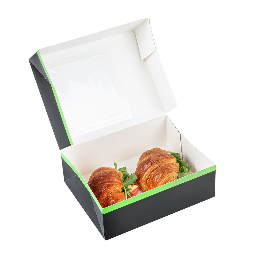 Sustain Rectangle Black Paper Auto-Popup Bakery Box - with PLA Lining and Window - 9" x 7" x 3" - 200 count box