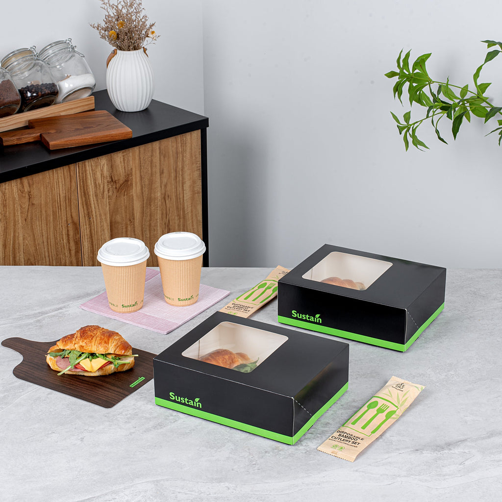 Sustain Rectangle Black Paper Auto-Popup Bakery Box - with PLA Lining and Window - 9" x 7" x 3" - 200 count box