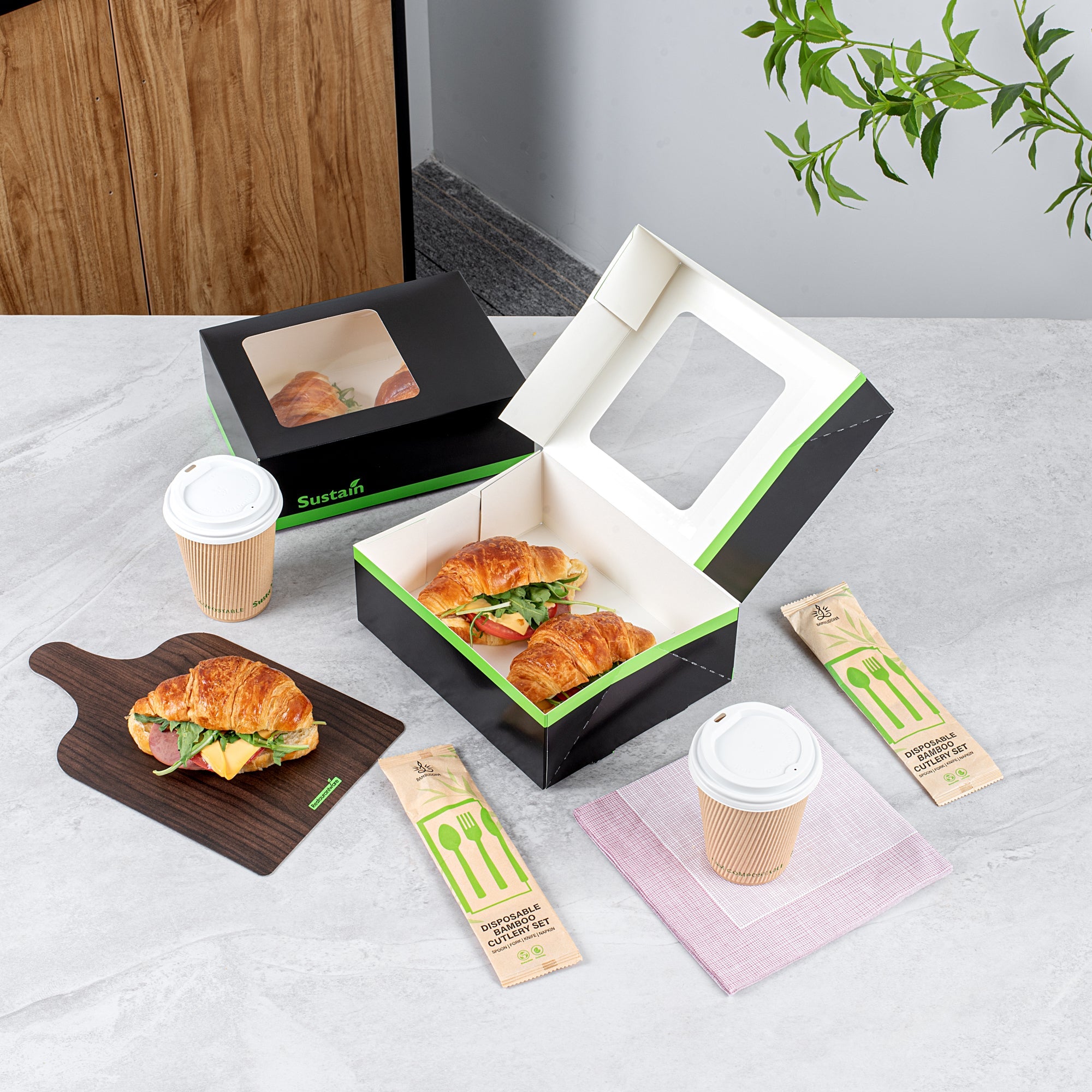 Sustain Rectangle Black Paper Auto-Popup Bakery Box - with PLA Lining and Window - 9" x 7" x 3" - 200 count box