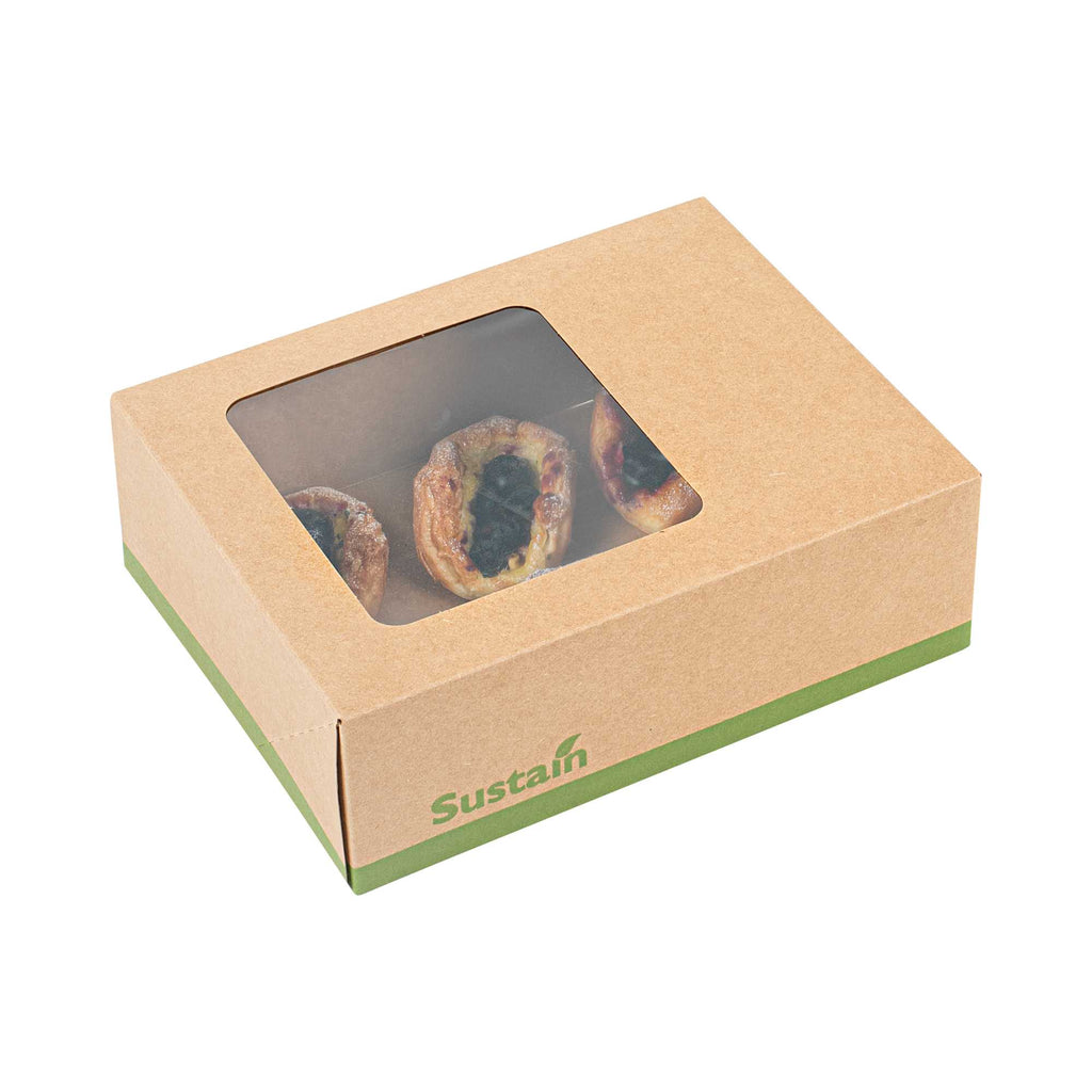 Sustain Rectangle Kraft Paper Auto-Popup Bakery Box - with PLA Lining and Window - 9" x 7" x 3" - 25 count box