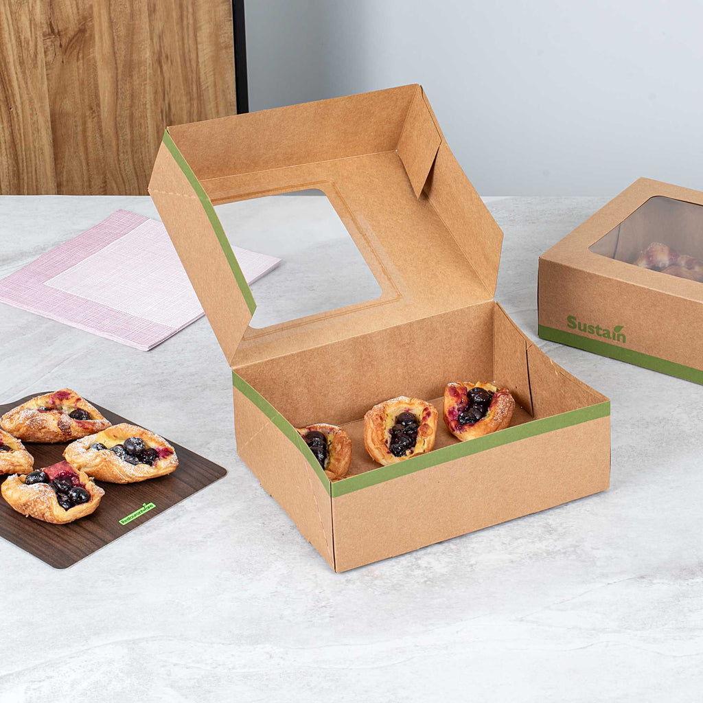 Sustain Rectangle Kraft Paper Auto-Popup Bakery Box - with PLA Lining and Window - 9" x 7" x 3" - 25 count box