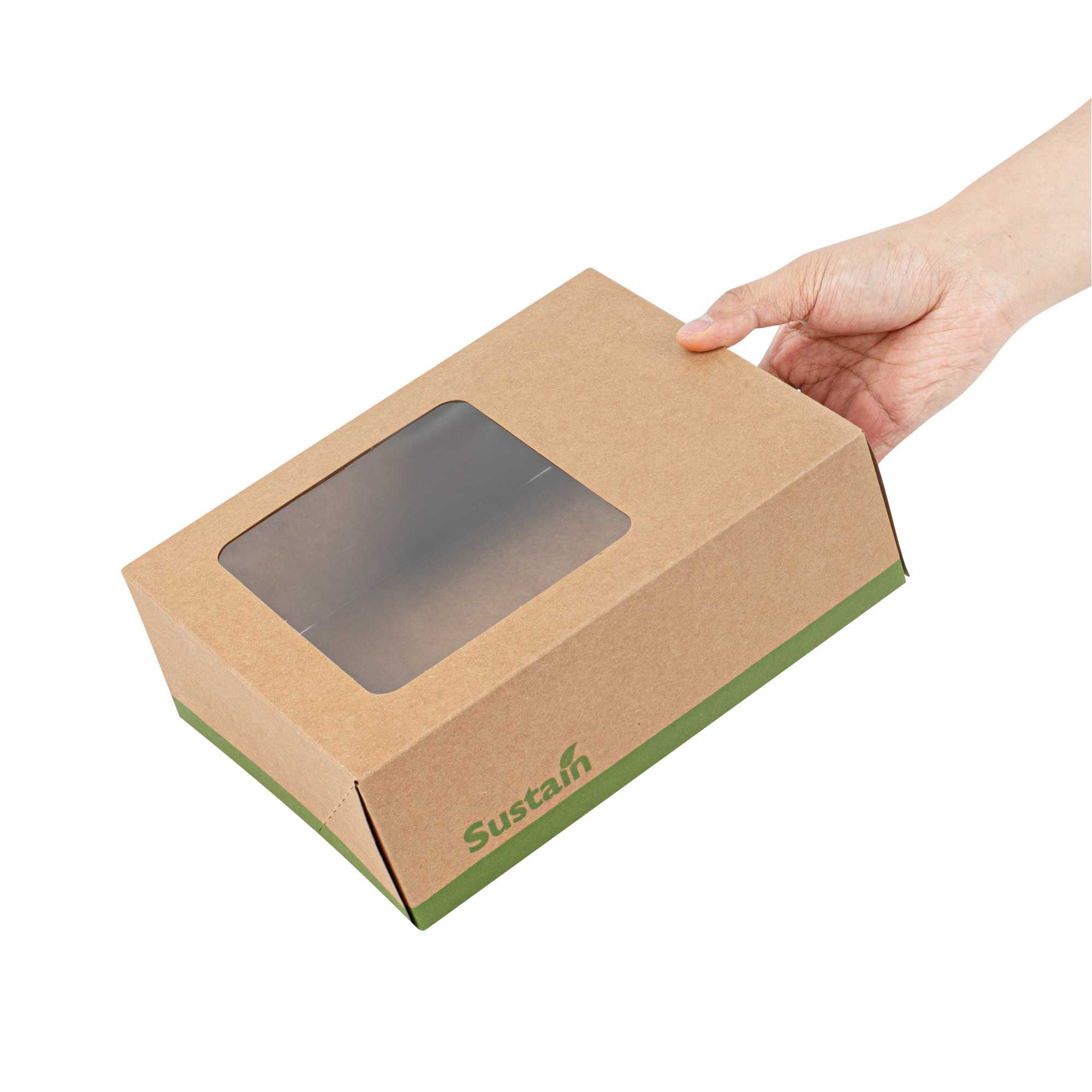 Sustain Rectangle Kraft Paper Auto-Popup Bakery Box - with PLA Lining and Window - 9" x 7" x 3" - 25 count box