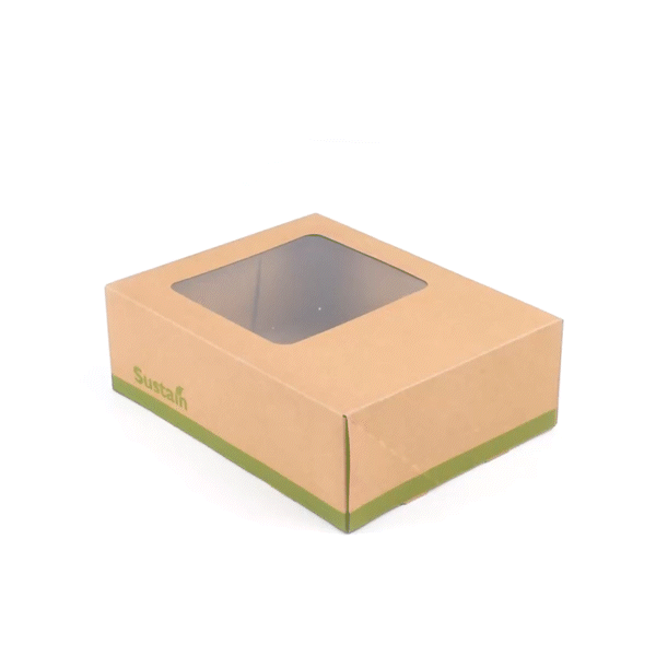 Sustain Rectangle Kraft Paper Auto-Popup Bakery Box - with PLA Lining and Window - 9" x 7" x 3" - 25 count box