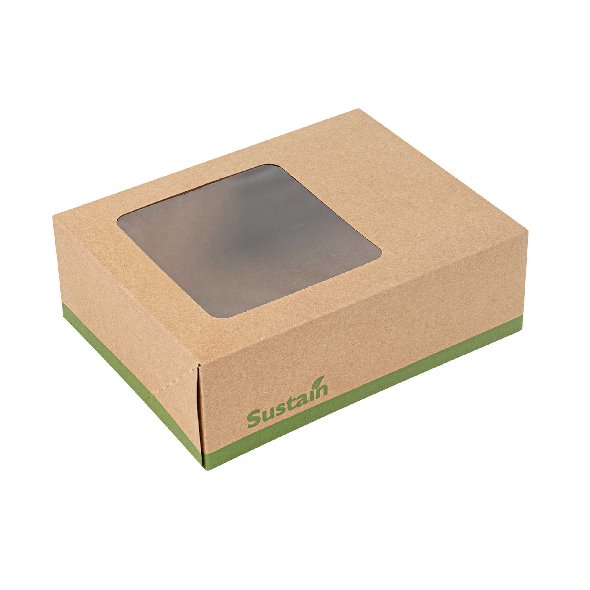 Sustain Rectangle Kraft Paper Auto-Popup Bakery Box - with PLA Lining and Window - 9" x 7" x 3" - 25 count box