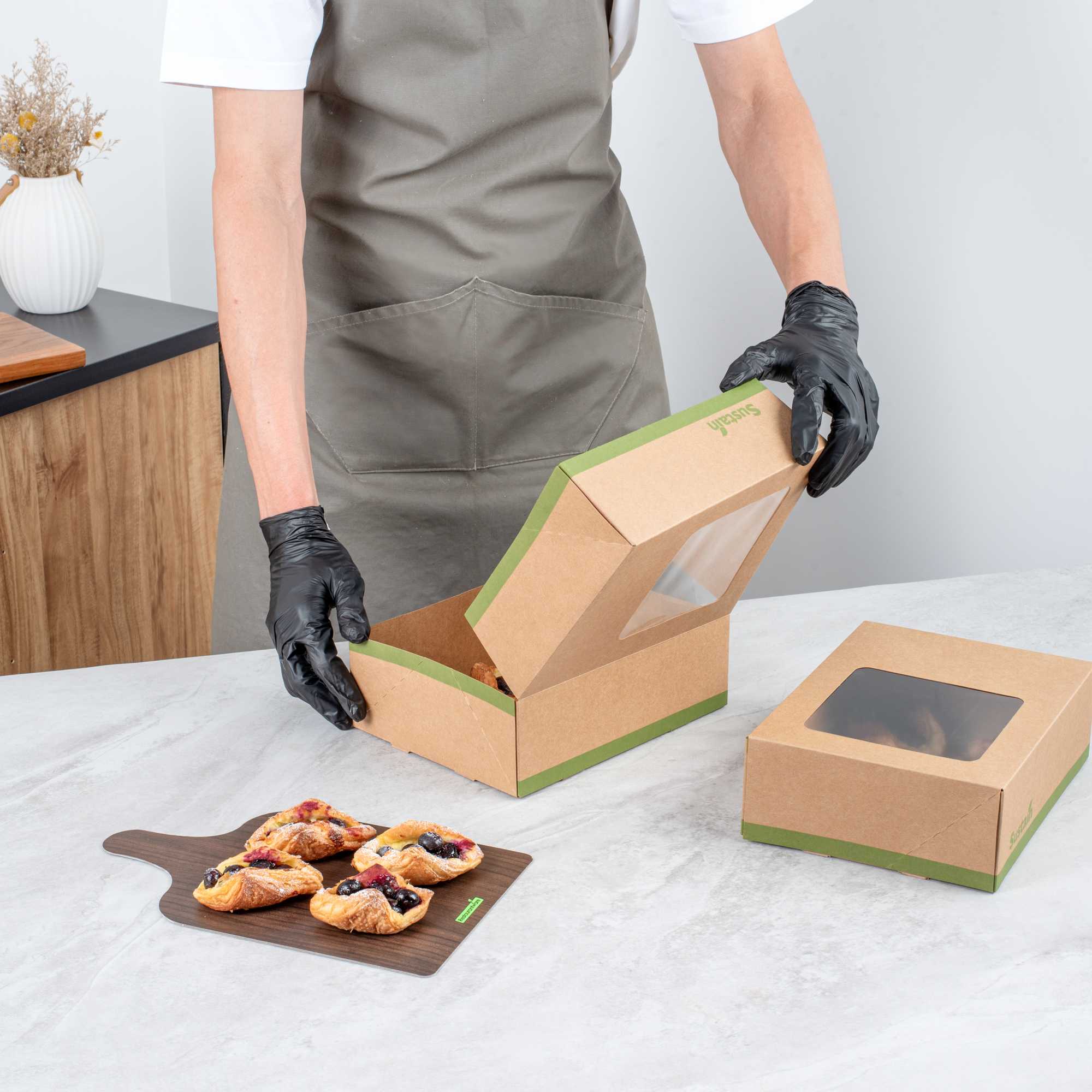 Sustain Rectangle Kraft Paper Auto-Popup Bakery Box - with PLA Lining and Window - 9" x 7" x 3" - 25 count box