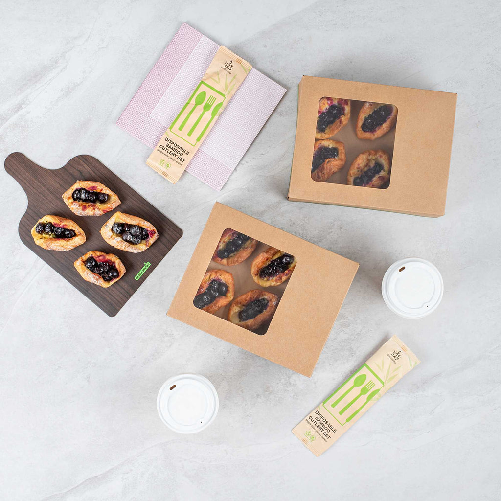 Sustain Rectangle Kraft Paper Auto-Popup Bakery Box - with PLA Lining and Window - 9" x 7" x 3" - 25 count box