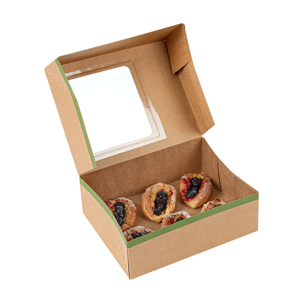 Sustain Rectangle Kraft Paper Auto-Popup Bakery Box - with PLA Lining and Window - 9" x 7" x 3" - 200 count box