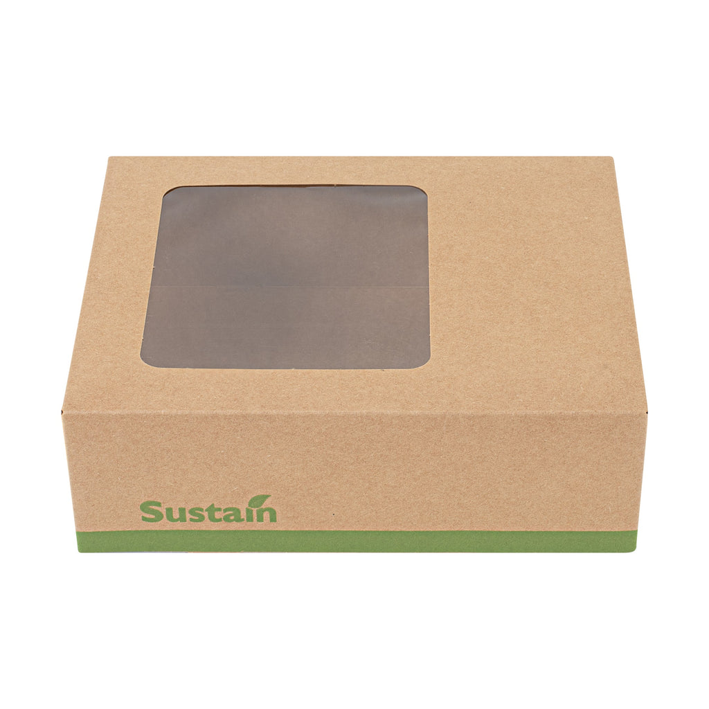 Sustain Rectangle Kraft Paper Auto-Popup Bakery Box - with PLA Lining and Window - 9" x 7" x 3" - 200 count box