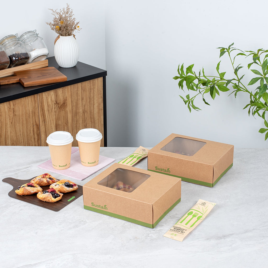 Sustain Rectangle Kraft Paper Auto-Popup Bakery Box - with PLA Lining and Window - 9" x 7" x 3" - 200 count box
