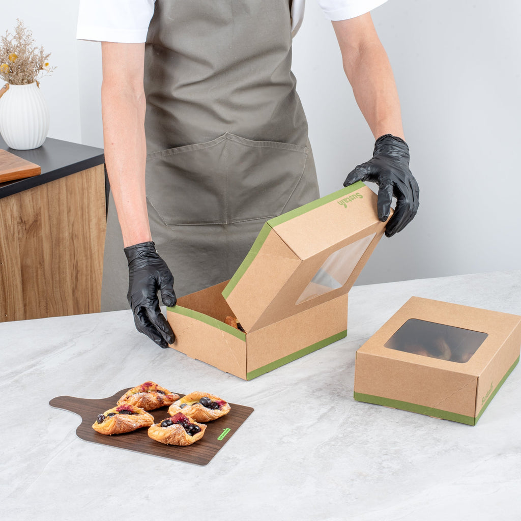 Sustain Rectangle Kraft Paper Auto-Popup Bakery Box - with PLA Lining and Window - 9" x 7" x 3" - 200 count box