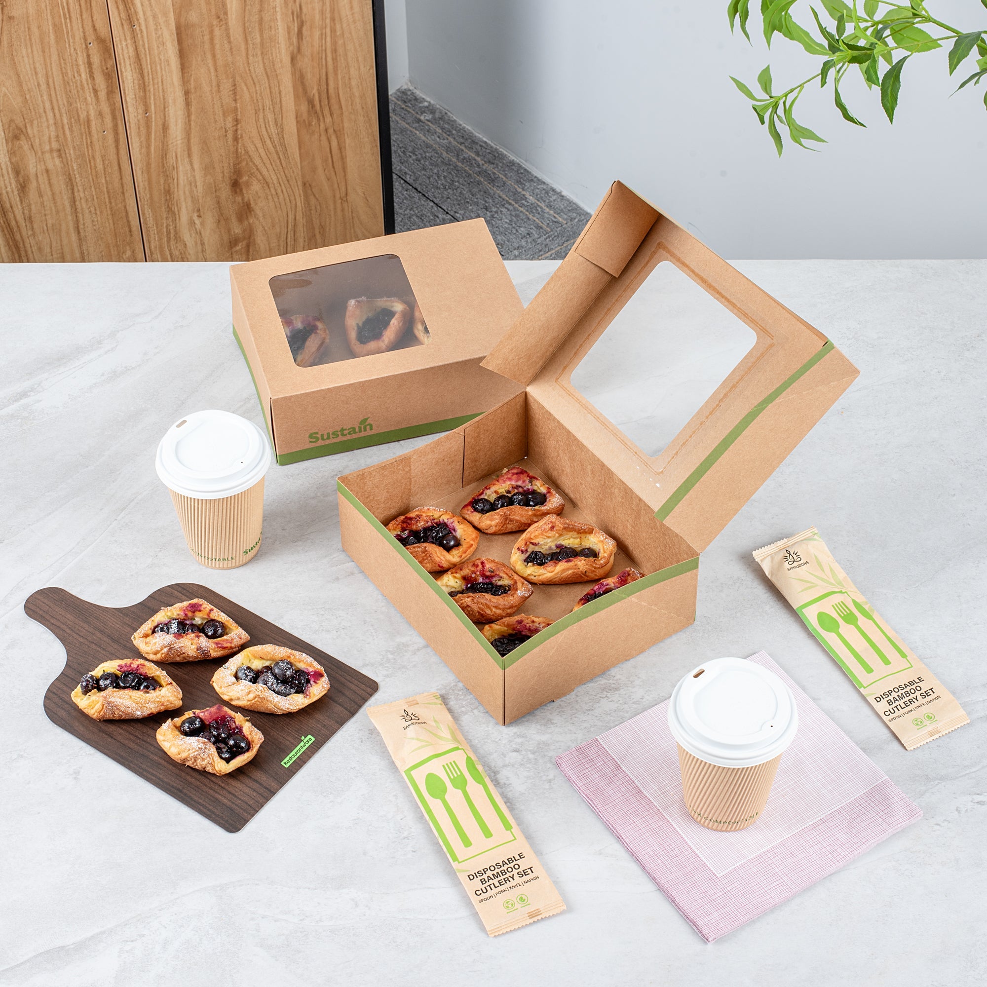 Sustain Rectangle Kraft Paper Auto-Popup Bakery Box - with PLA Lining and Window - 9" x 7" x 3" - 200 count box