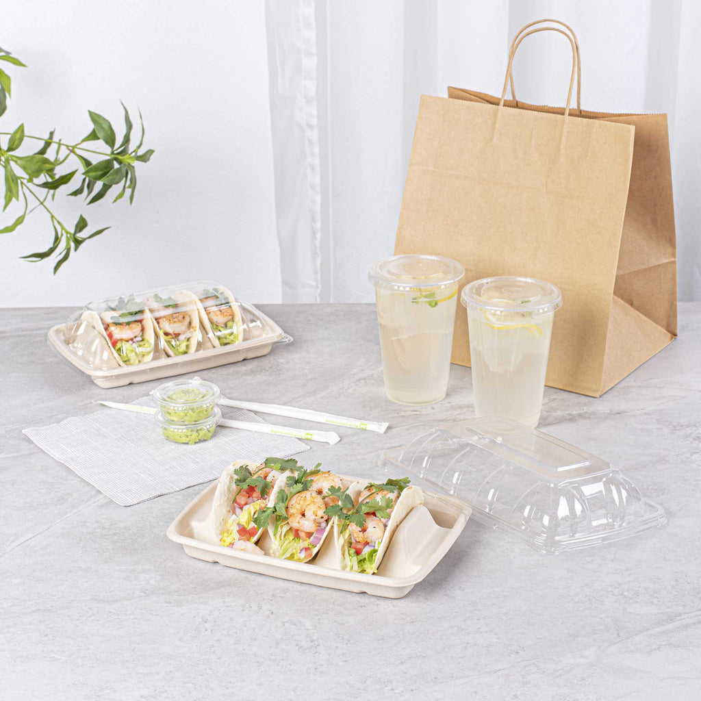 Pulp Safe No PFAS Added Natural Sugarcane / Bagasse Taco Holder Tray - 3 Dividers, Home Compostable - 9" x 6 1/2" x 1 3/4" - 100 count box