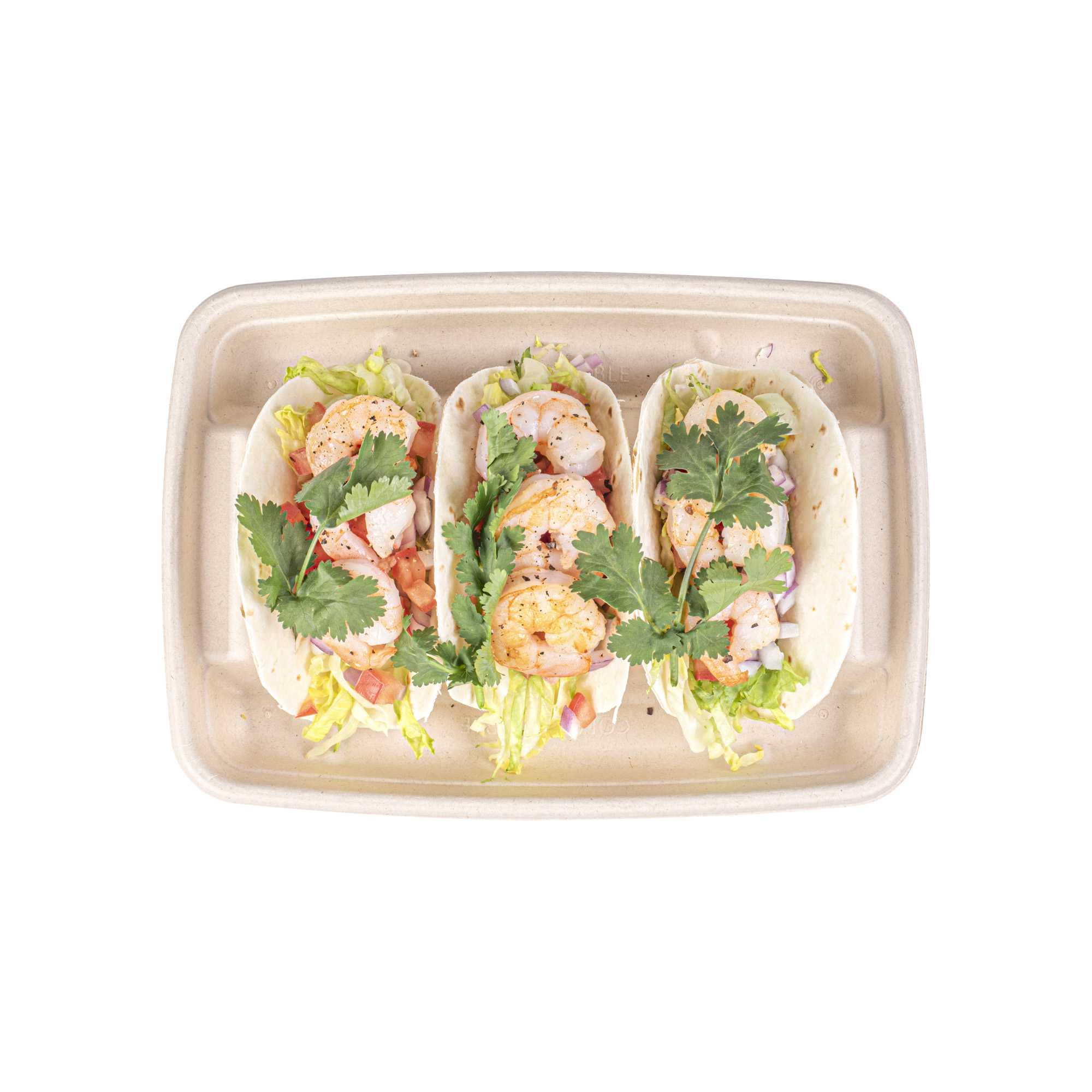 Pulp Safe No PFAS Added Natural Sugarcane / Bagasse Taco Holder Tray - 3 Dividers, Home Compostable - 9" x 6 1/2" x 1 3/4" - 50 count box