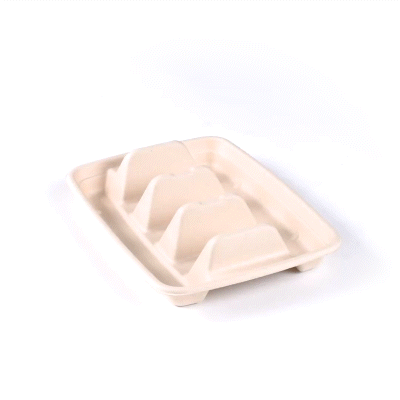 Pulp Safe No PFAS Added Natural Sugarcane / Bagasse Taco Holder Tray - 3 Dividers, Home Compostable - 9" x 6 1/2" x 1 3/4" - 50 count box