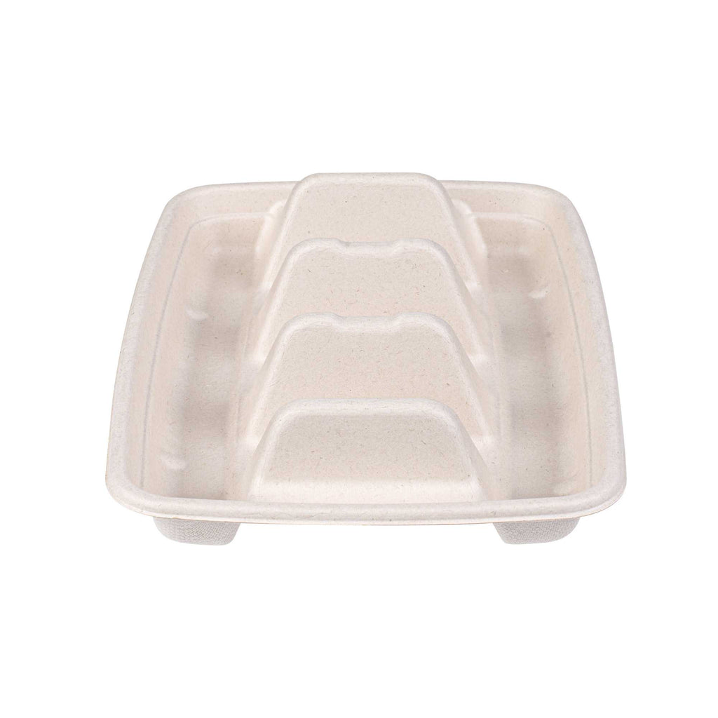 Pulp Safe No PFAS Added Natural Sugarcane / Bagasse Taco Holder Tray - 3 Dividers, Home Compostable - 9" x 6 1/2" x 1 3/4" - 50 count box