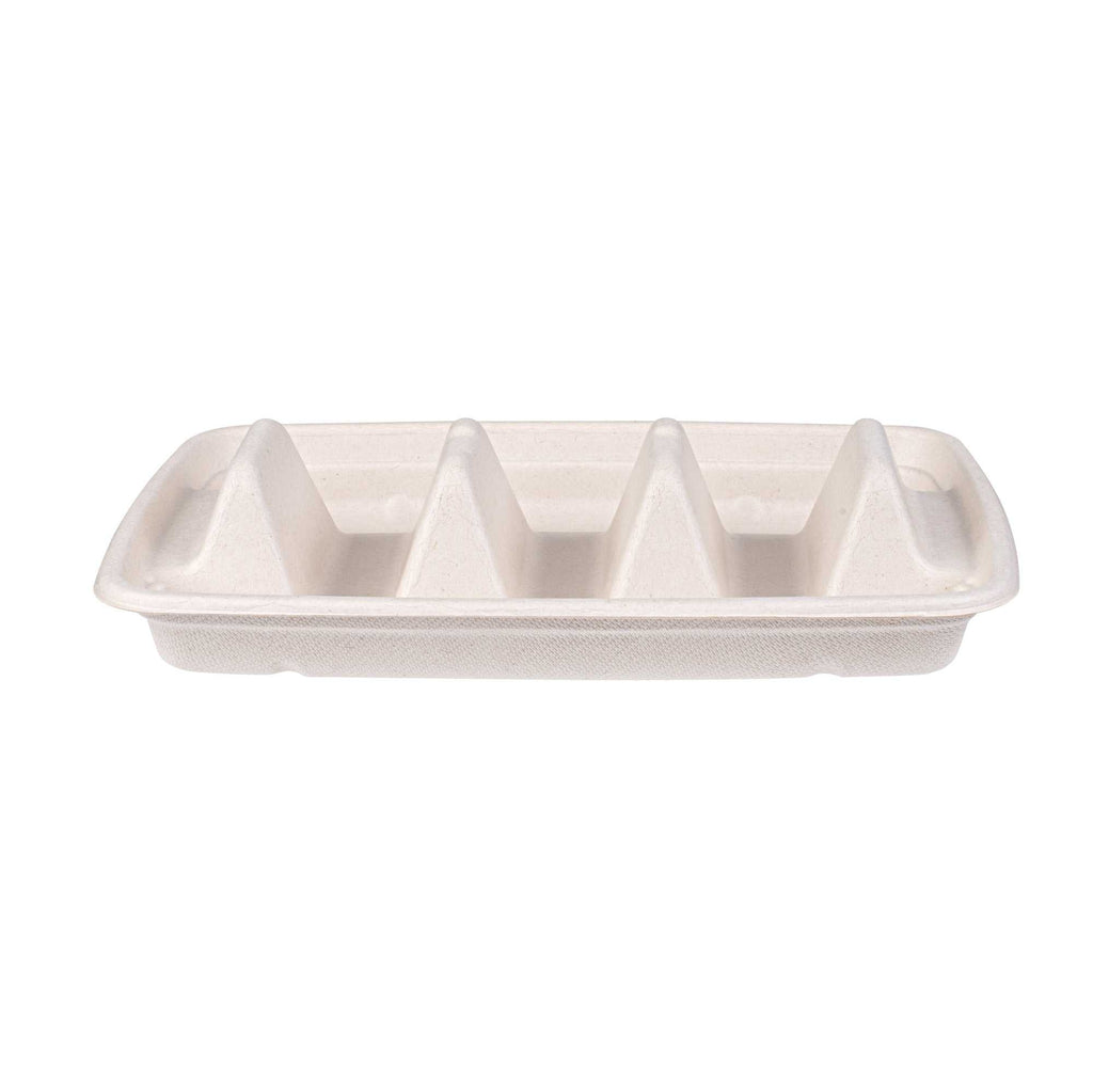 Pulp Safe No PFAS Added Natural Sugarcane / Bagasse Taco Holder Tray - 3 Dividers, Home Compostable - 9" x 6 1/2" x 1 3/4" - 50 count box