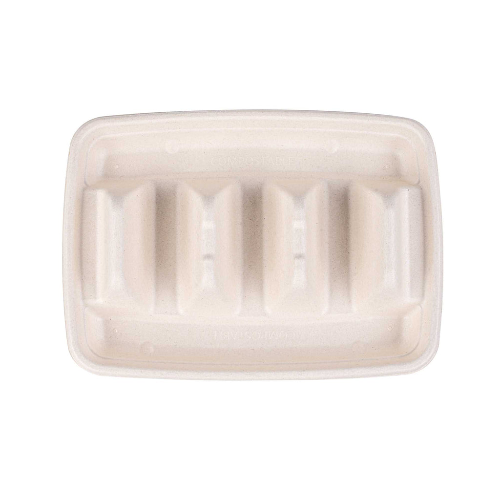 Pulp Safe No PFAS Added Natural Sugarcane / Bagasse Taco Holder Tray - 3 Dividers, Home Compostable - 9" x 6 1/2" x 1 3/4" - 50 count box