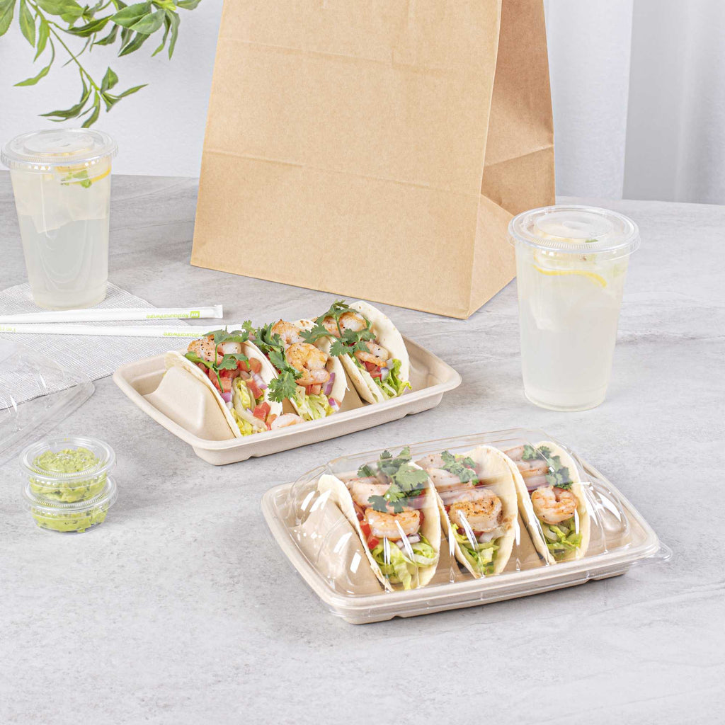 Pulp Safe No PFAS Added Natural Sugarcane / Bagasse Taco Holder Tray - 3 Dividers, Home Compostable - 9" x 6 1/2" x 1 3/4" - 50 count box